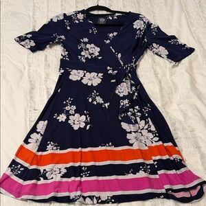 Vince Camuto Navy Floral Midi Dress with Pink and Orange Stripes